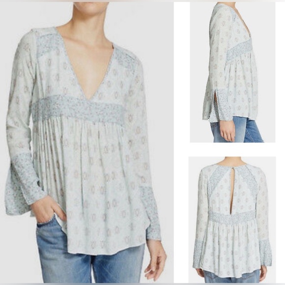 Free People Rolling Hills Print Bell sleeve Boho tunic in Green Comb,Size M - Picture 4 of 10